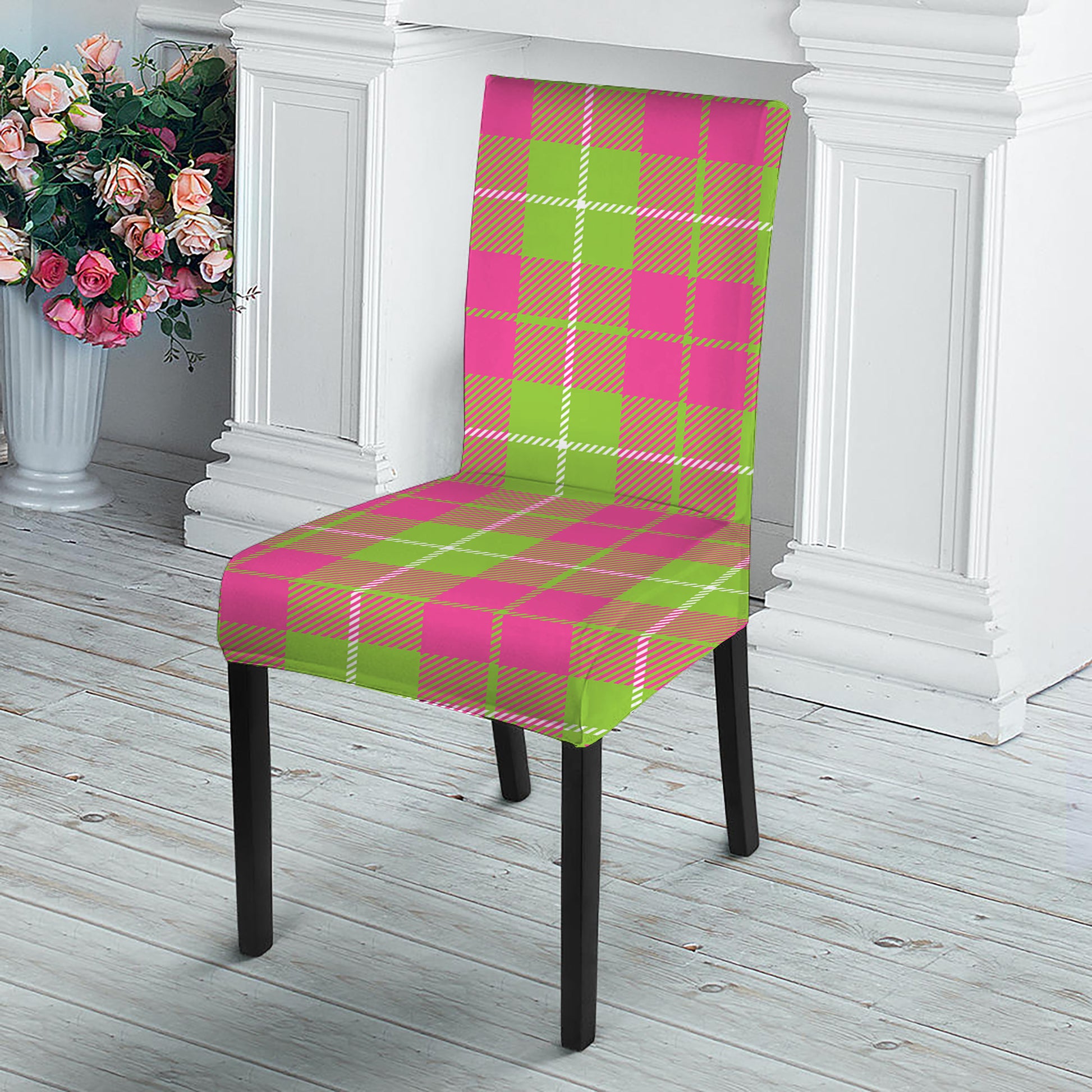 Pink Green And White Tartan Print Dining Chair Slipcover