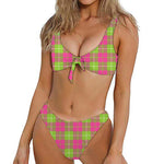 Pink Green And White Tartan Print Front Bow Tie Bikini