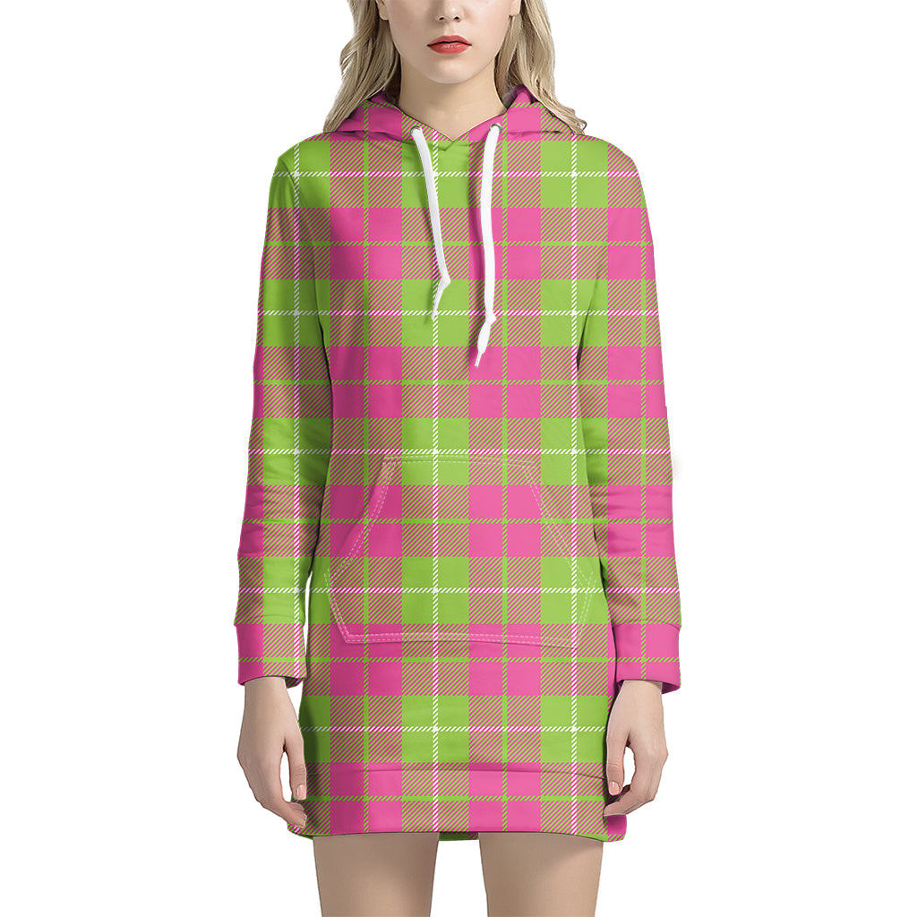 Pink Green And White Tartan Print Hoodie Dress
