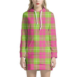 Pink Green And White Tartan Print Hoodie Dress