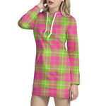 Pink Green And White Tartan Print Hoodie Dress