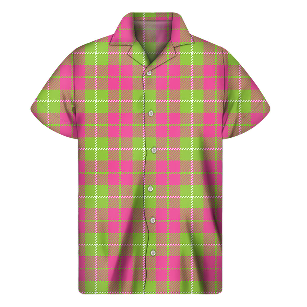 Pink Green And White Tartan Print Men's Short Sleeve Shirt