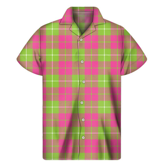 Pink Green And White Tartan Print Men's Short Sleeve Shirt
