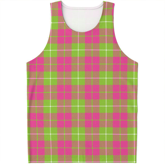 Pink Green And White Tartan Print Men's Tank Top