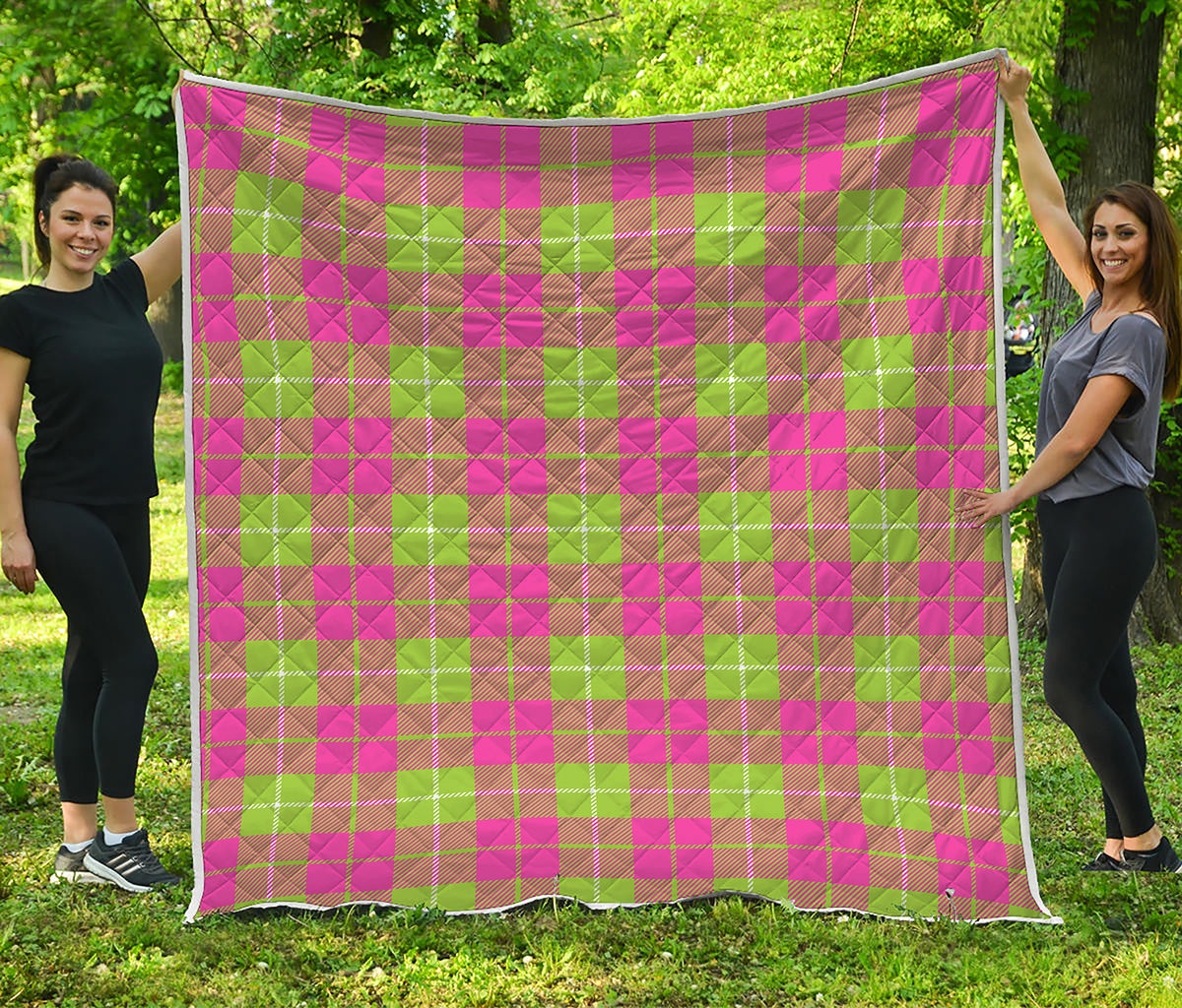 Pink Green And White Tartan Print Quilt