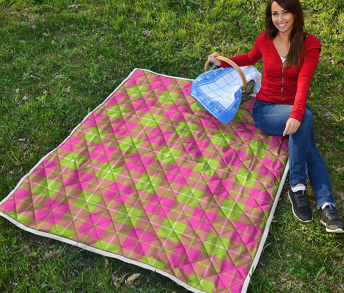 Pink Green And White Tartan Print Quilt