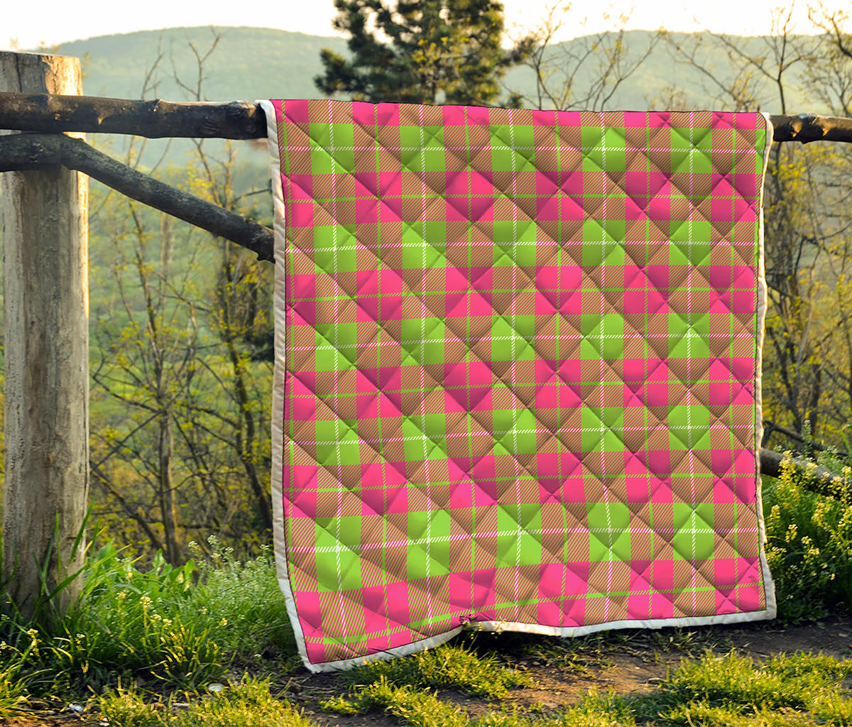 Pink Green And White Tartan Print Quilt