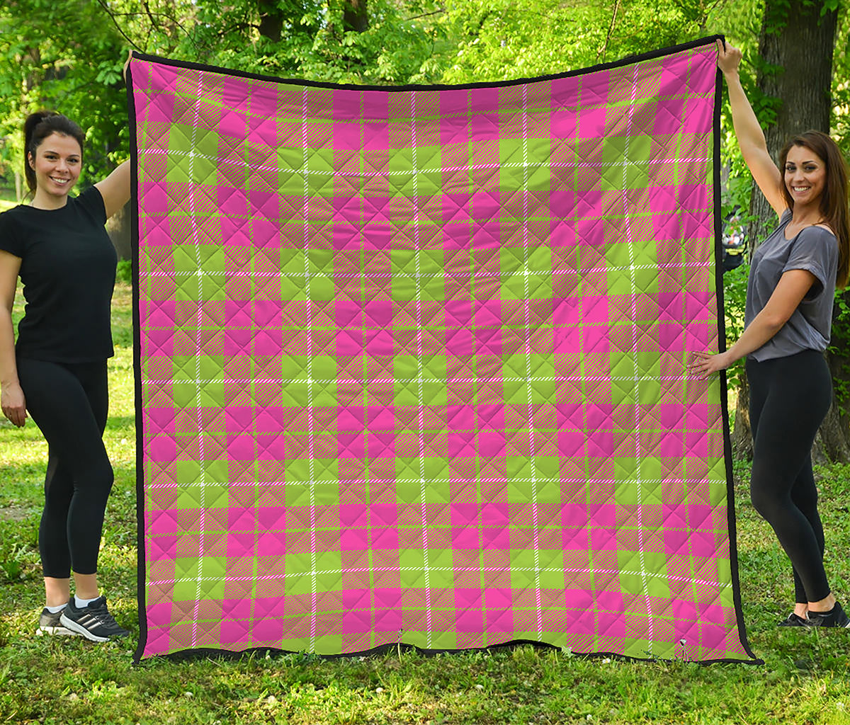 Pink Green And White Tartan Print Quilt