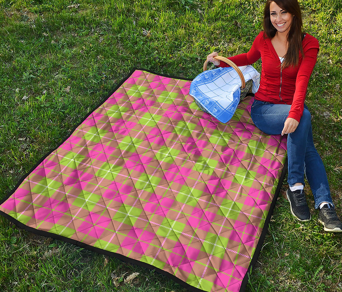 Pink Green And White Tartan Print Quilt