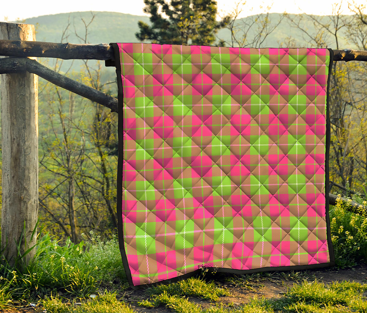 Pink Green And White Tartan Print Quilt