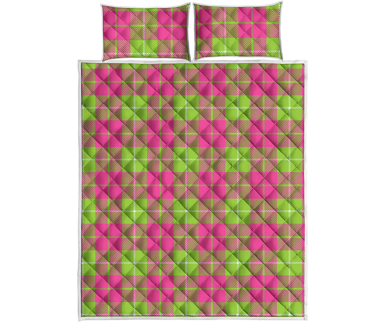 Pink Green And White Tartan Print Quilt Bed Set