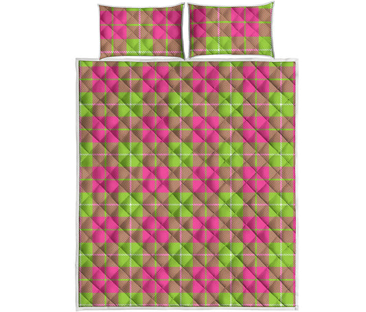 Pink Green And White Tartan Print Quilt Bed Set