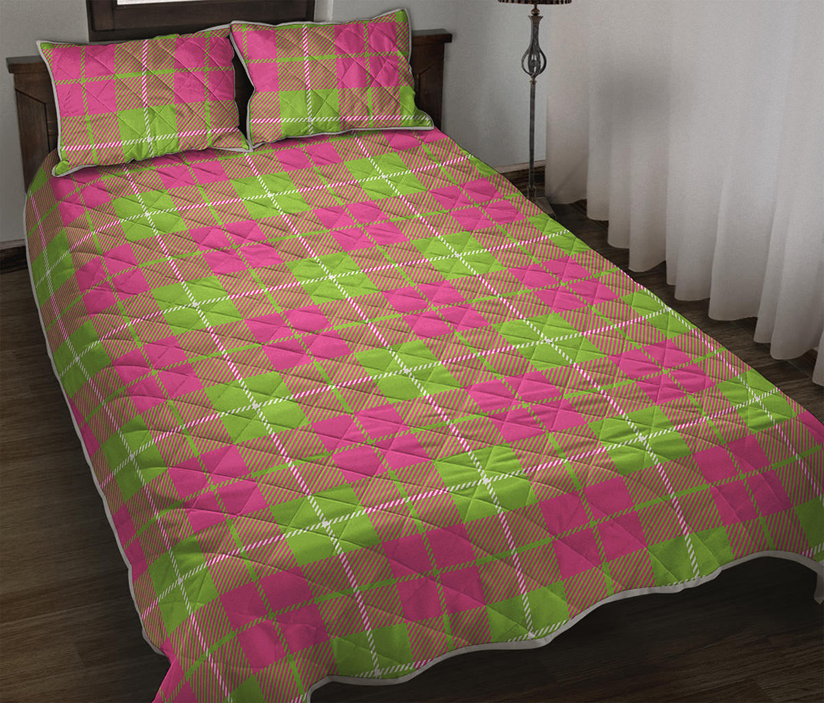 Pink Green And White Tartan Print Quilt Bed Set