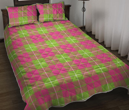 Pink Green And White Tartan Print Quilt Bed Set