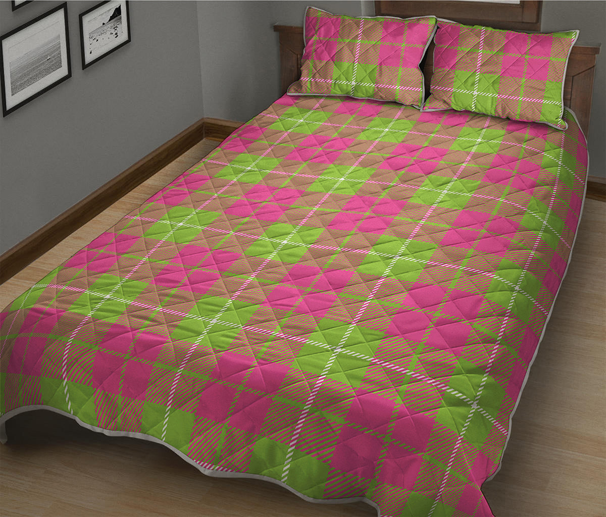 Pink Green And White Tartan Print Quilt Bed Set