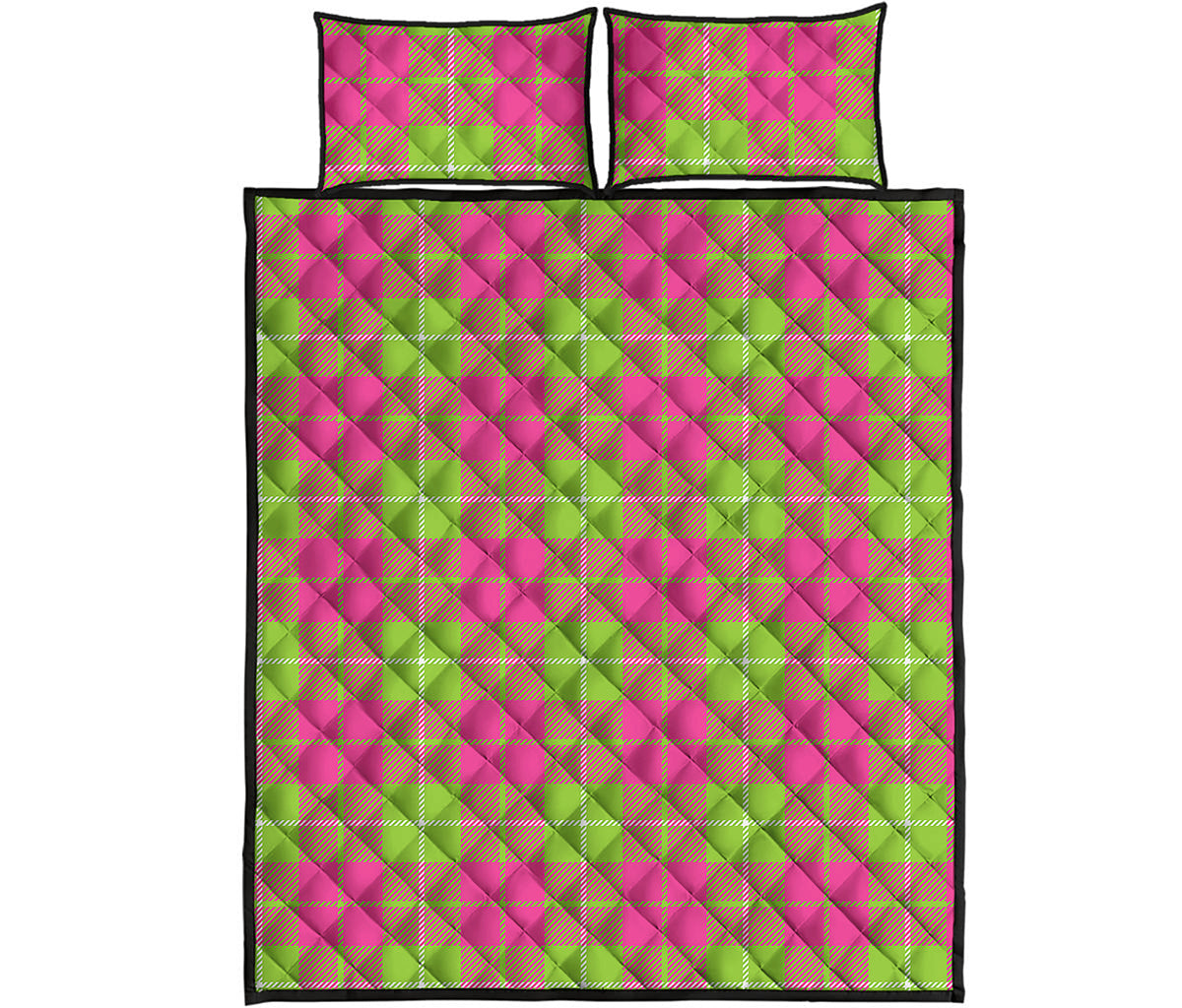 Pink Green And White Tartan Print Quilt Bed Set
