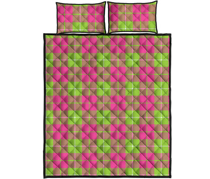 Pink Green And White Tartan Print Quilt Bed Set
