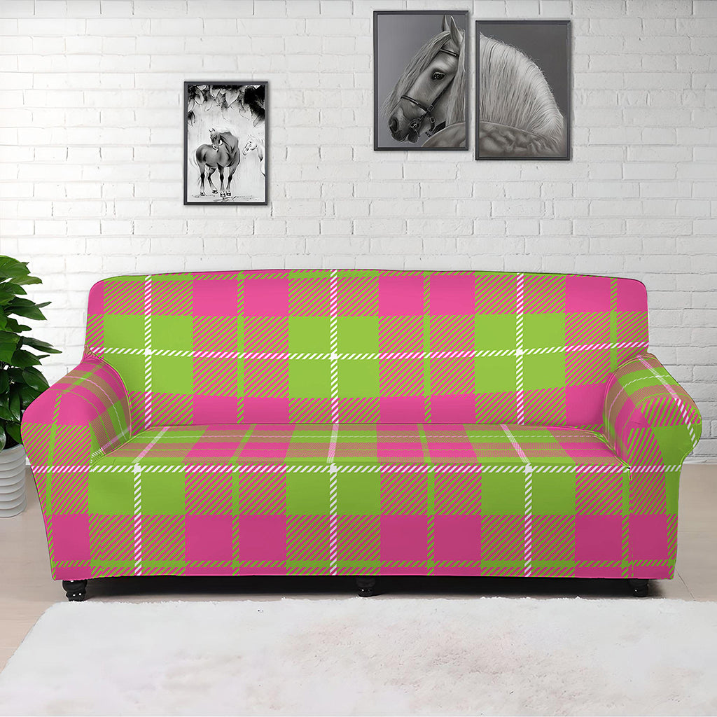 Pink Green And White Tartan Print Sofa Cover
