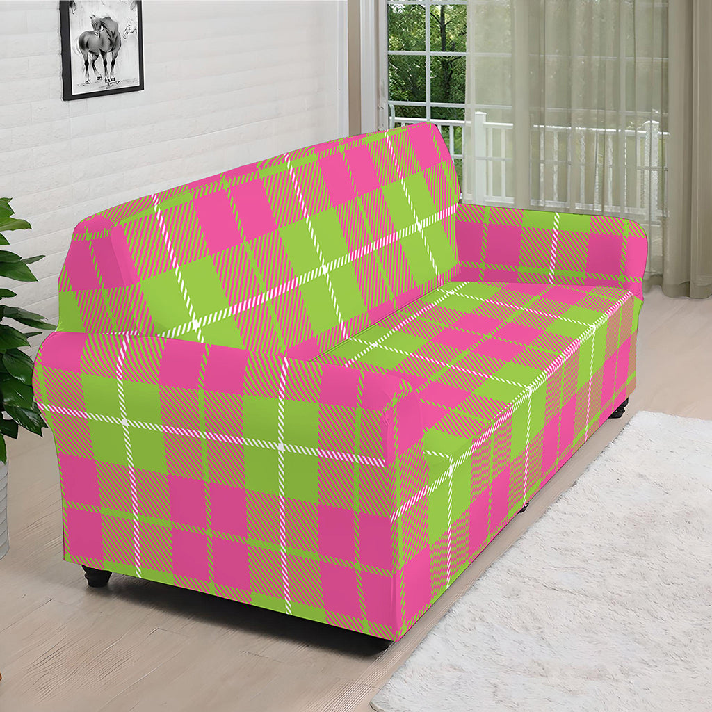 Pink Green And White Tartan Print Sofa Cover