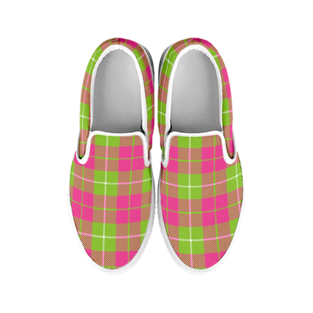 Pink Green And White Tartan Print White Slip On Shoes