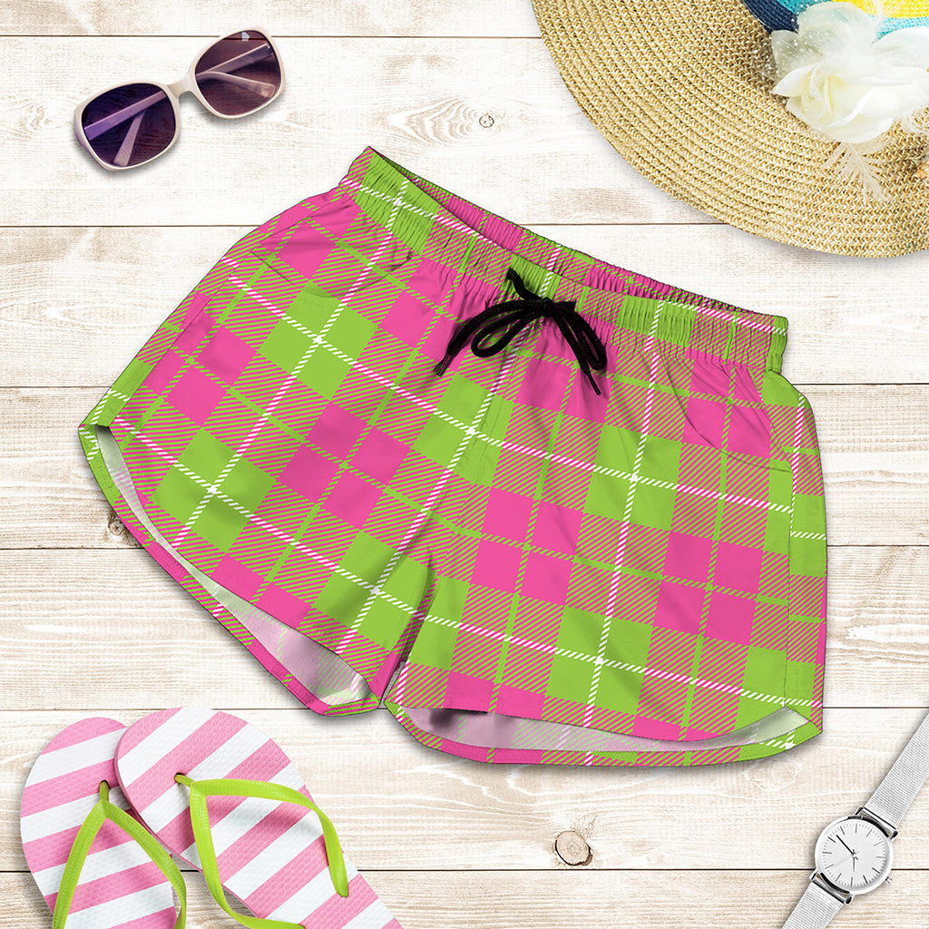 Pink Green And White Tartan Print Women's Shorts