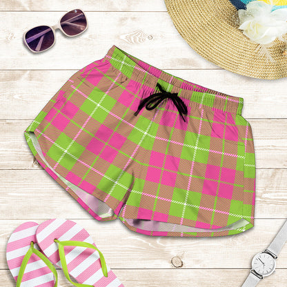 Pink Green And White Tartan Print Women's Shorts