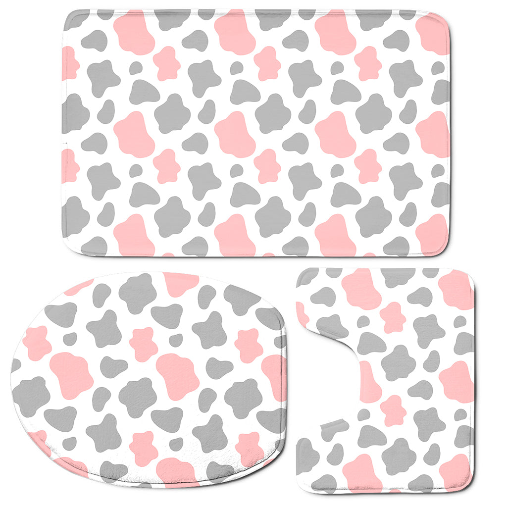 Pink Grey And White Cow Print 3 Piece Bath Mat Set