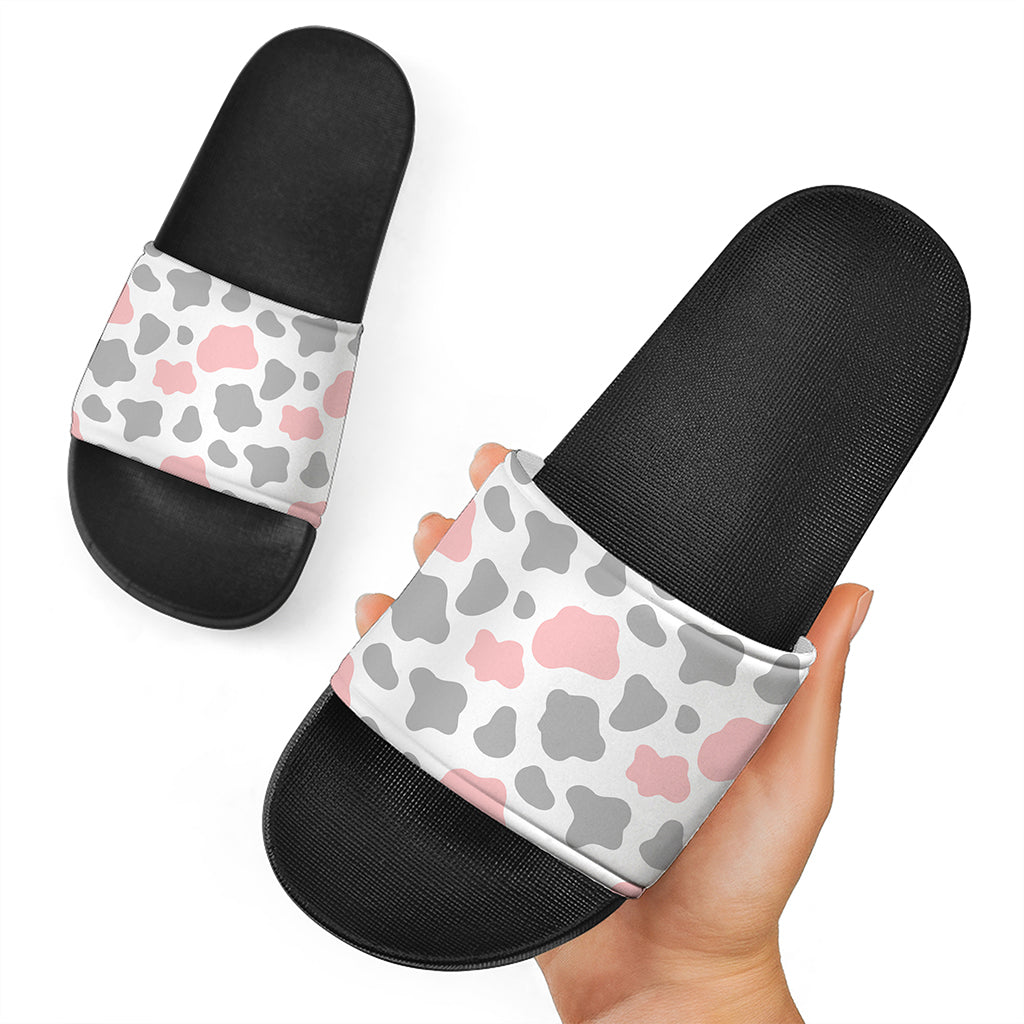 Pink Grey And White Cow Print Black Slide Sandals