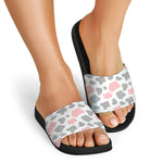 Pink Grey And White Cow Print Black Slide Sandals