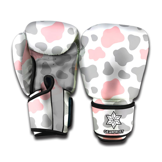 Pink Grey And White Cow Print Boxing Gloves