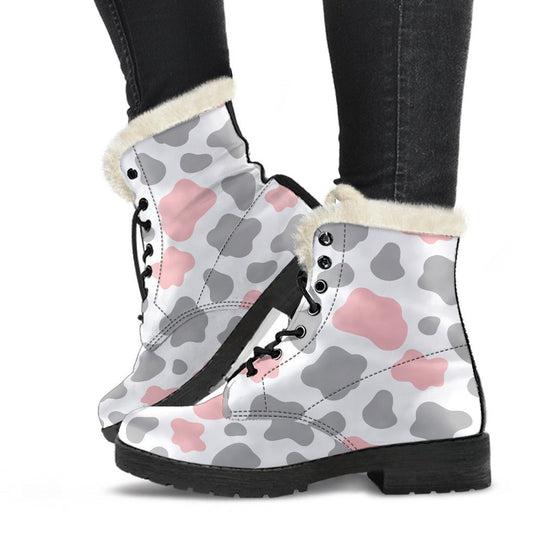 Pink Grey And White Cow Print Comfy Boots GearFrost