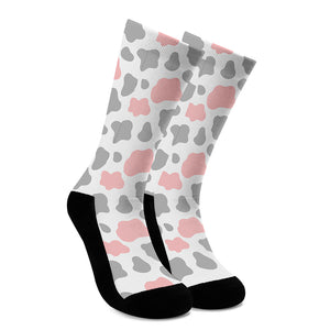 Pink Grey And White Cow Print Crew Socks