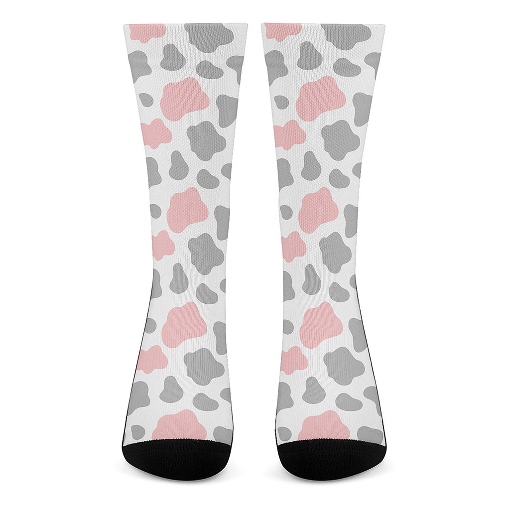 Pink Grey And White Cow Print Crew Socks