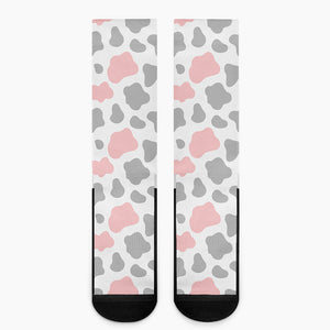 Pink Grey And White Cow Print Crew Socks