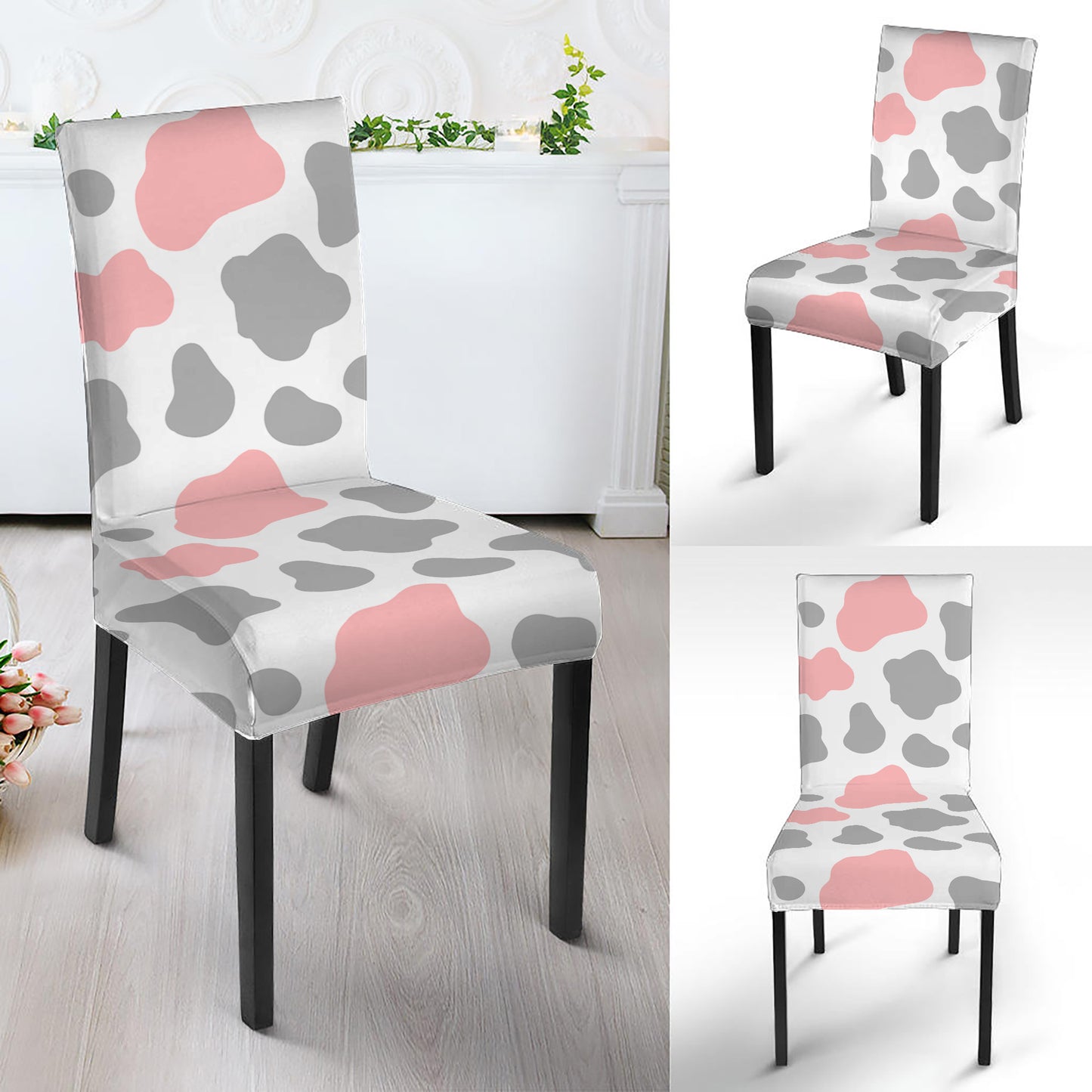 Pink Grey And White Cow Print Dining Chair Slipcover