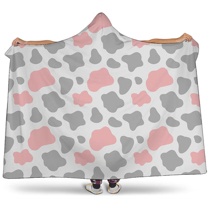 Pink Grey And White Cow Print Hooded Blanket