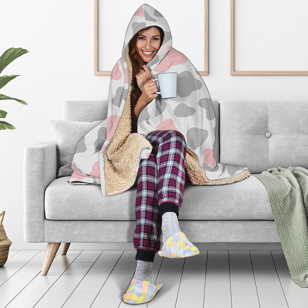 Pink Grey And White Cow Print Hooded Blanket