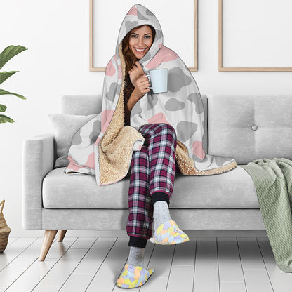 Pink Grey And White Cow Print Hooded Blanket