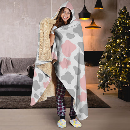 Pink Grey And White Cow Print Hooded Blanket