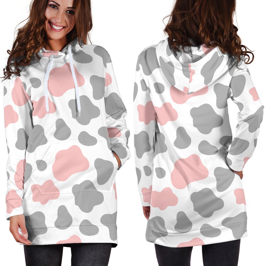 Pink Grey And White Cow Print Hoodie Dress GearFrost