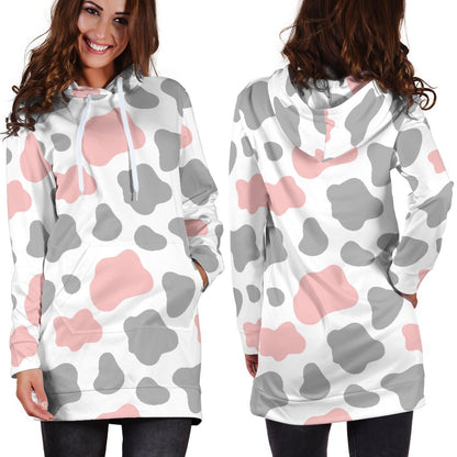 Pink Grey And White Cow Print Hoodie Dress GearFrost