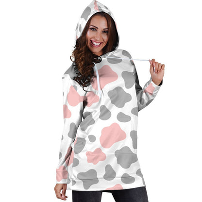 Pink Grey And White Cow Print Hoodie Dress GearFrost