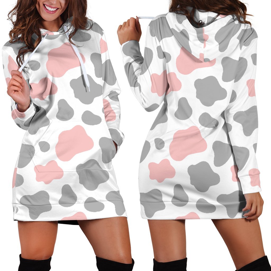 Pink Grey And White Cow Print Hoodie Dress GearFrost