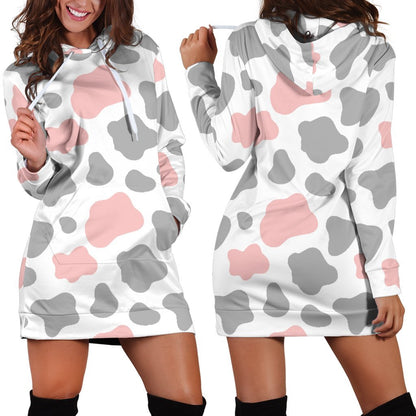 Pink Grey And White Cow Print Hoodie Dress GearFrost