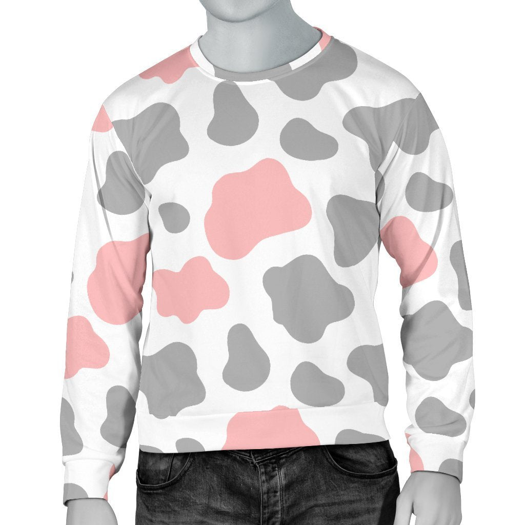 Pink Grey And White Cow Print Men's Crewneck Sweatshirt GearFrost