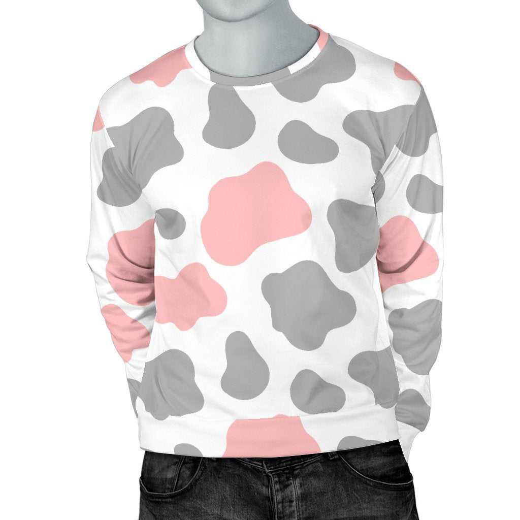 Pink Grey And White Cow Print Men's Crewneck Sweatshirt GearFrost