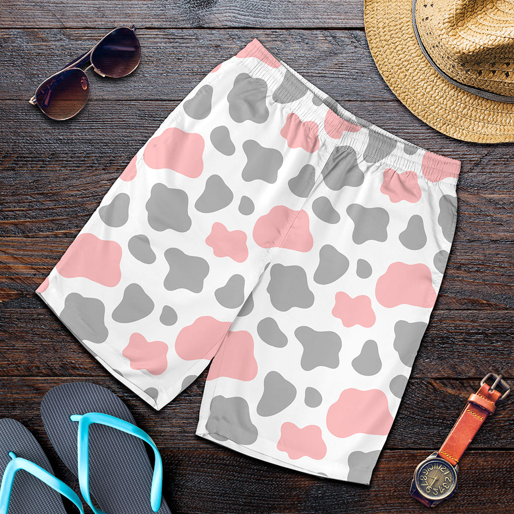 Pink Grey And White Cow Print Men's Shorts
