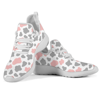 Pink Grey And White Cow Print Mesh Knit Shoes GearFrost