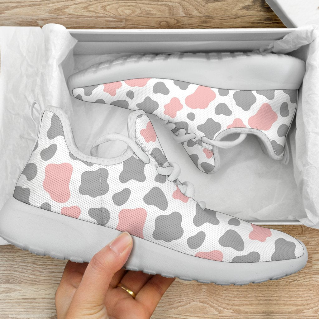 Pink Grey And White Cow Print Mesh Knit Shoes GearFrost