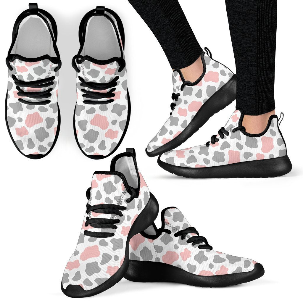 Pink Grey And White Cow Print Mesh Knit Shoes GearFrost